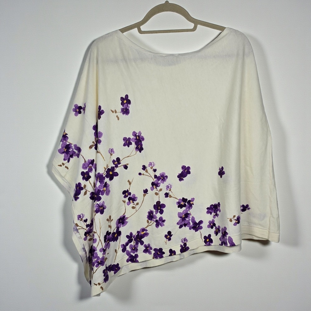 Talbots Cream Purple Floral Chintz Asymmetrical Poncho Knit Top Woman M/L NWT - Picture 2 of 12